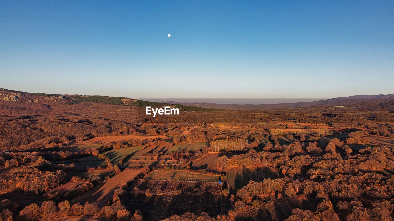 Scenic view of landscape against clear sky with full moon