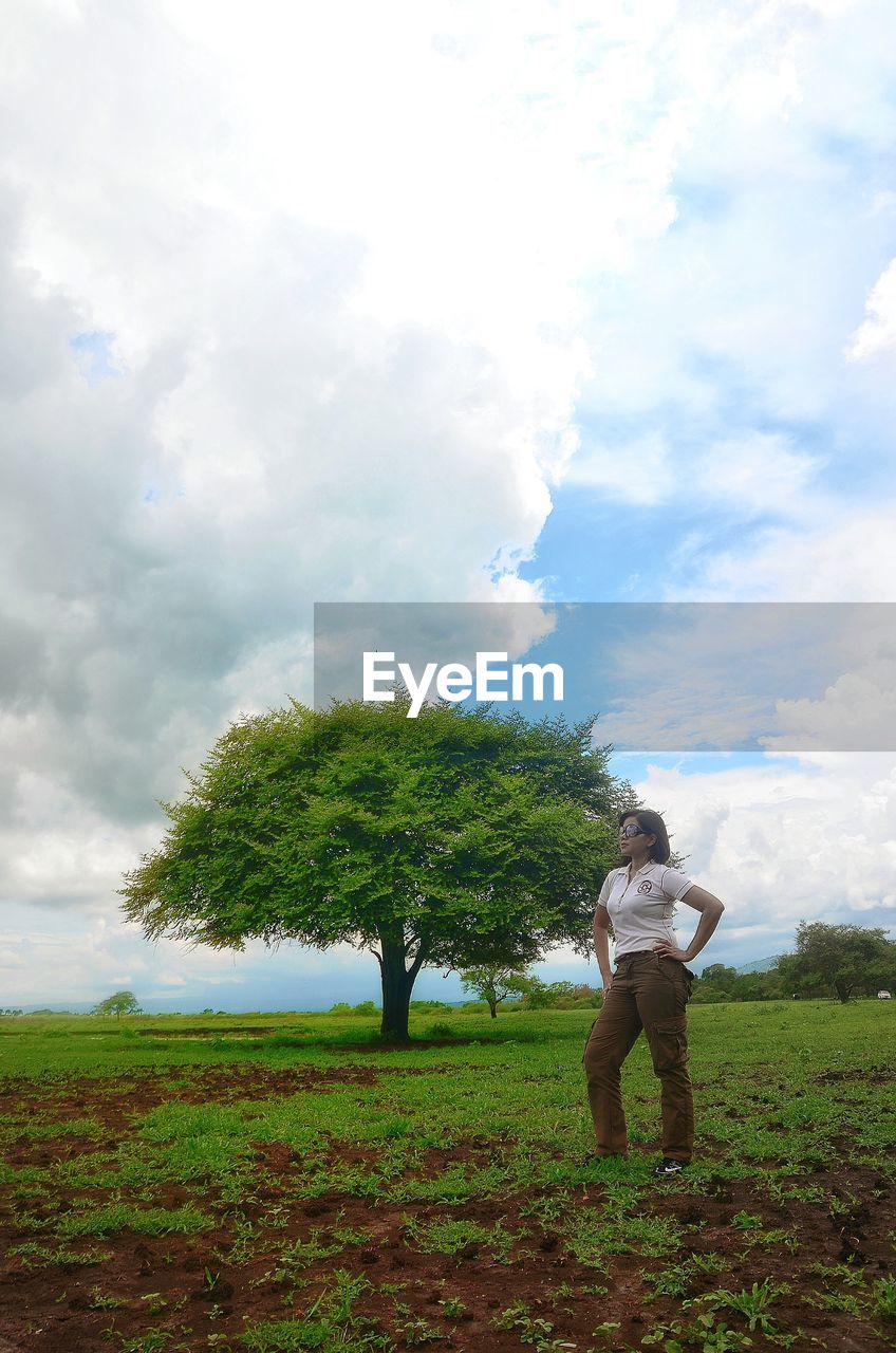 TREES ON GRASSY FIELD AGAINST CLOUDY SKY