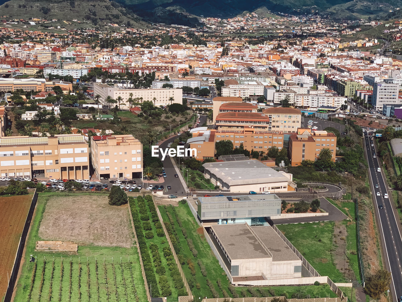 High angle shot of townscape against sky