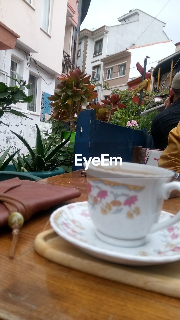 POTTED PLANTS ON TABLE AT CAFE BY BUILDING