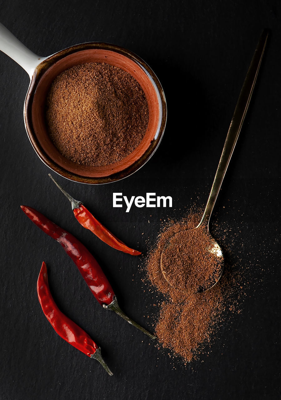 High angle view of chili pepper on table