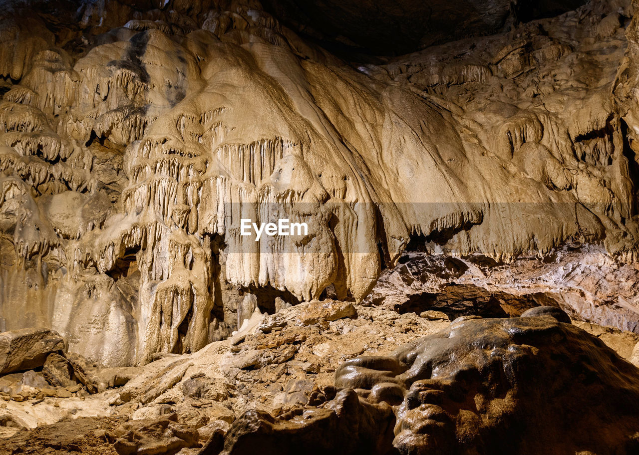 Formations in a karst cave. stalagmites and stalactites.