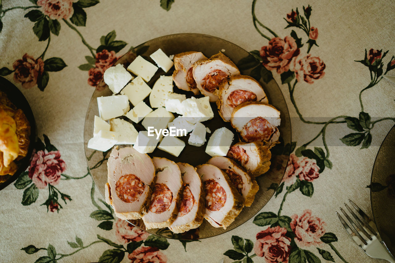 Directly above shot of food served on table