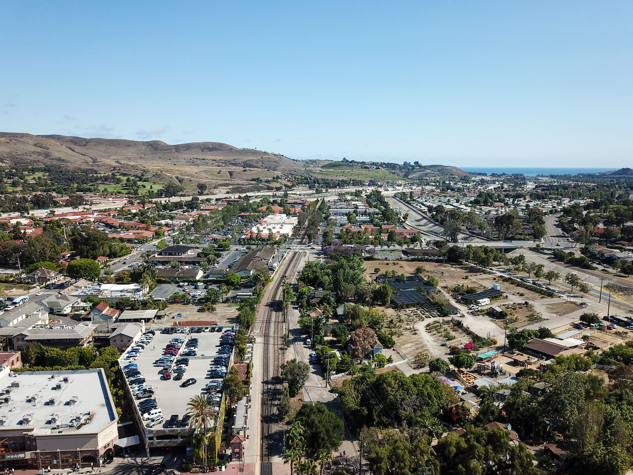 High angle view of townscape against clear sky