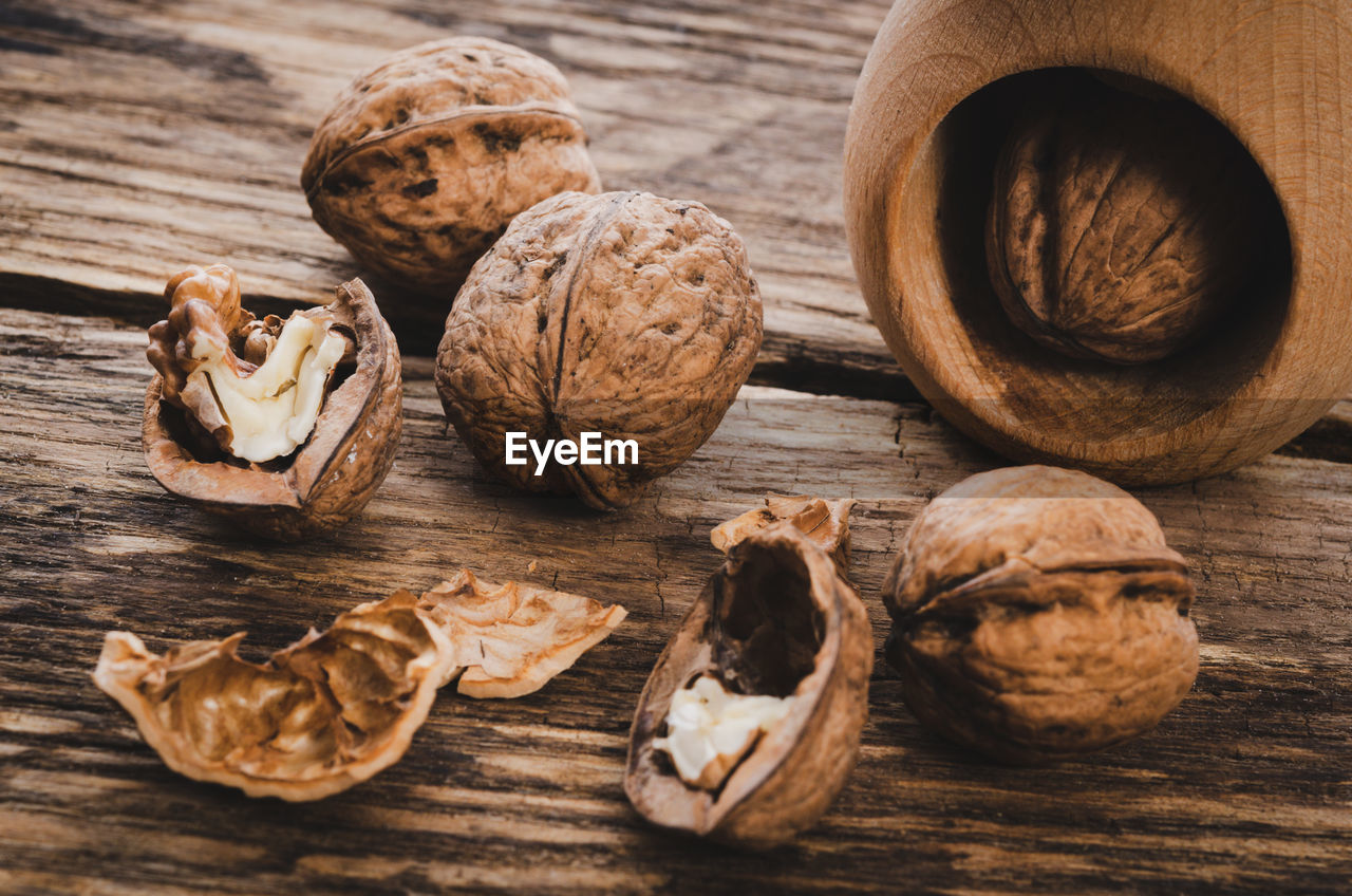 High angle view of walnuts on table
