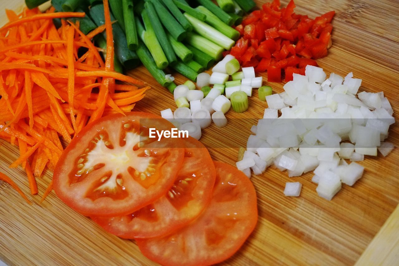 Close-up of chopped vegetables on cutting board