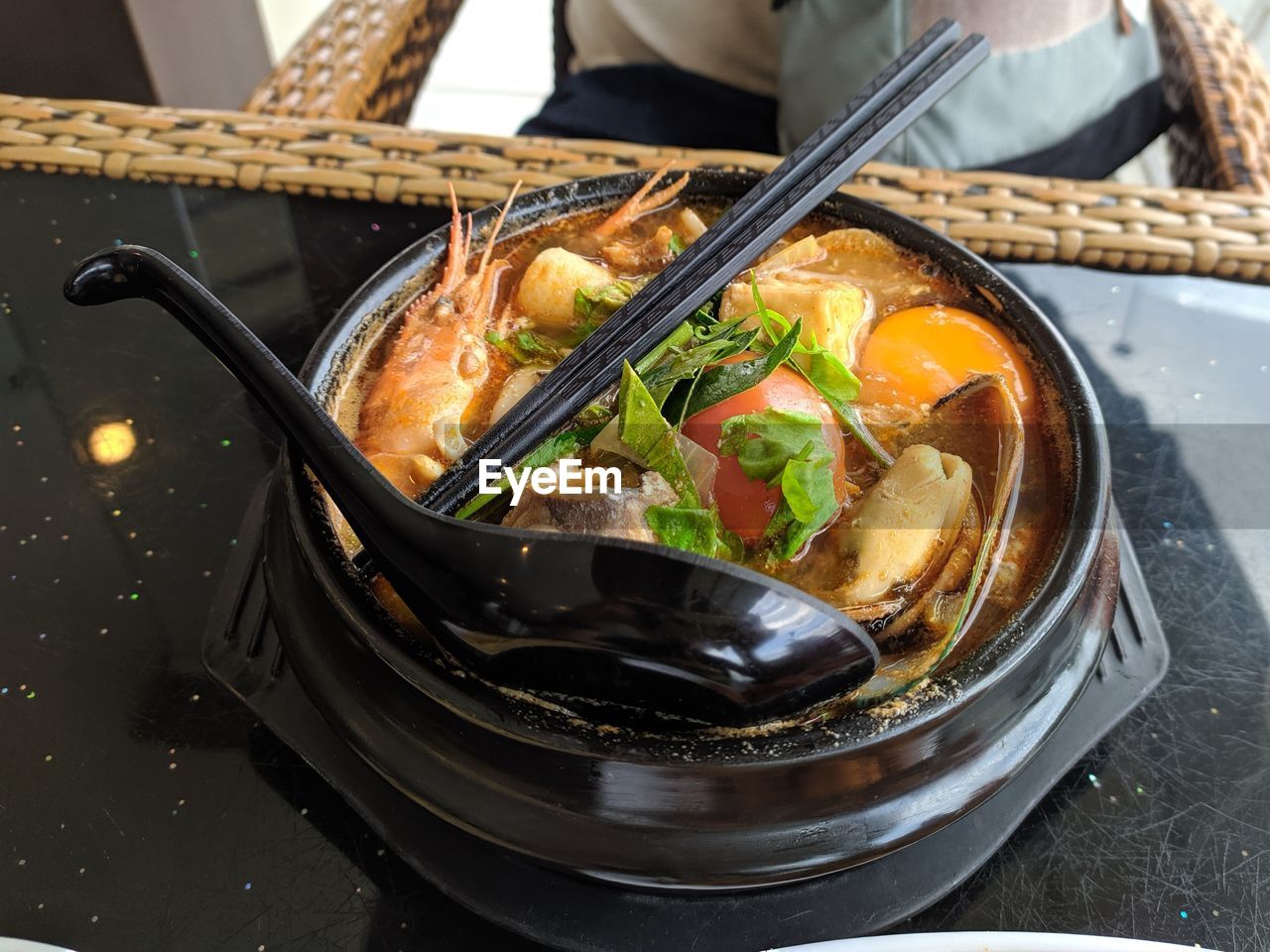 High angle view of food in bowl on table