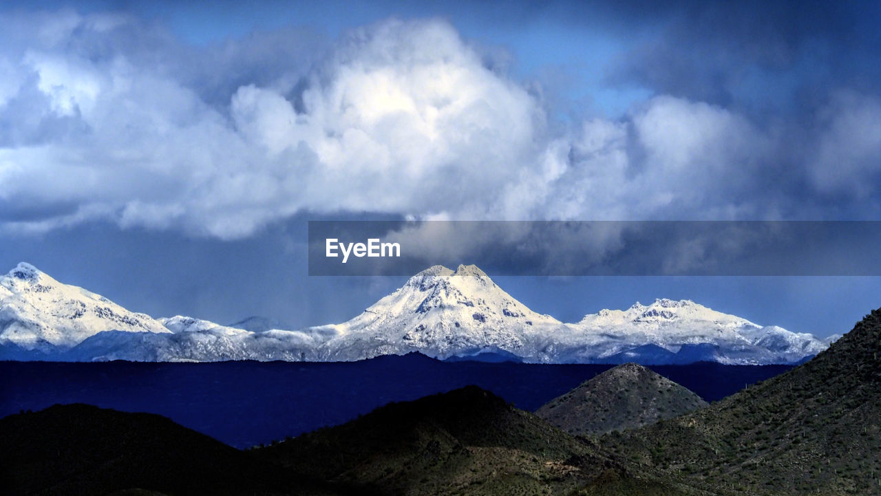 Scenic view of snowcapped mountains against sky