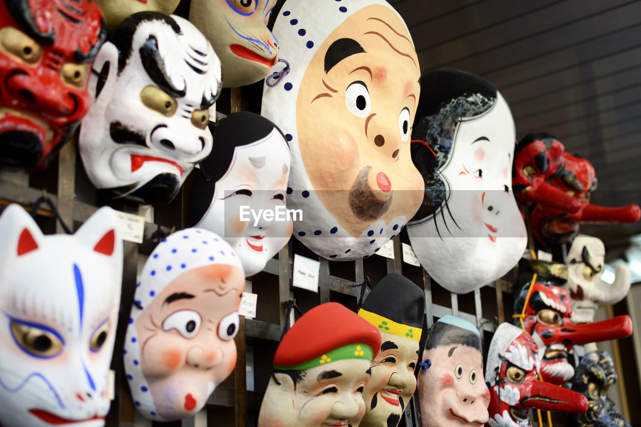 Low angle view of various masks for sale