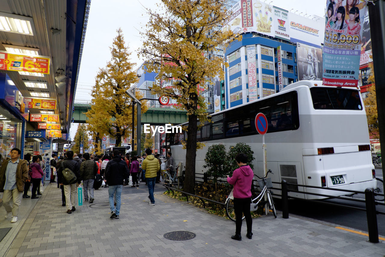 People walking on sidewalk by bus in city