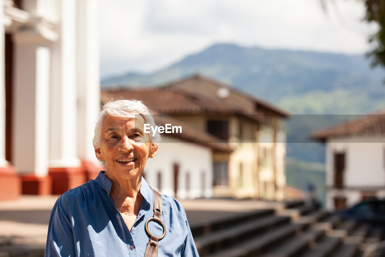 Senior woman tourist at the heritage town of salamina in the department of caldas in colombia