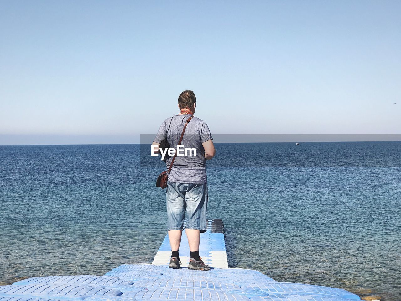 Rear view of man standing on shore against clear sky
