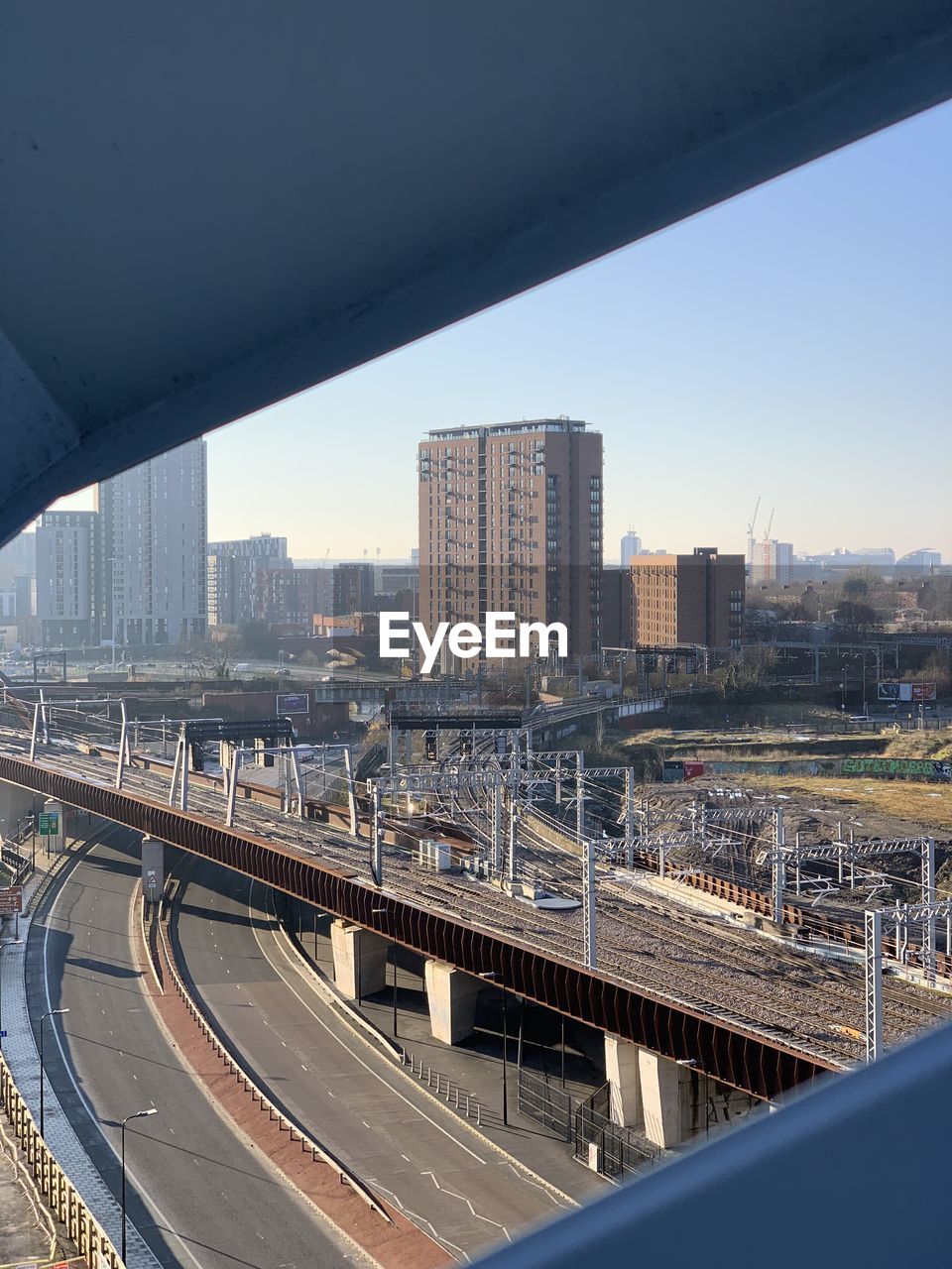 AERIAL VIEW OF BRIDGE AND CITY BUILDINGS