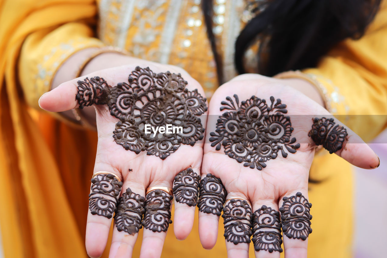 Hand decorated with amazing henna tattoo or mehndi art from flat angle