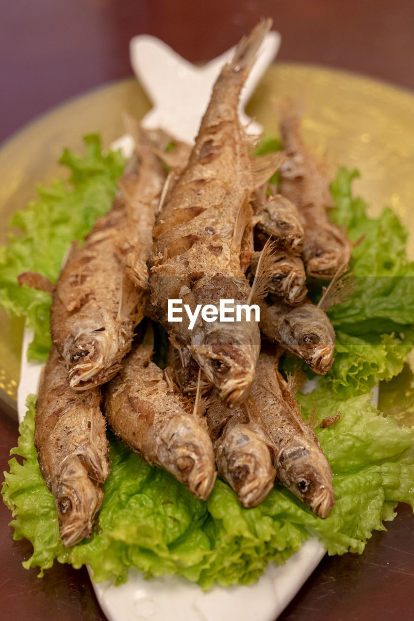 High angle view of meat in plate