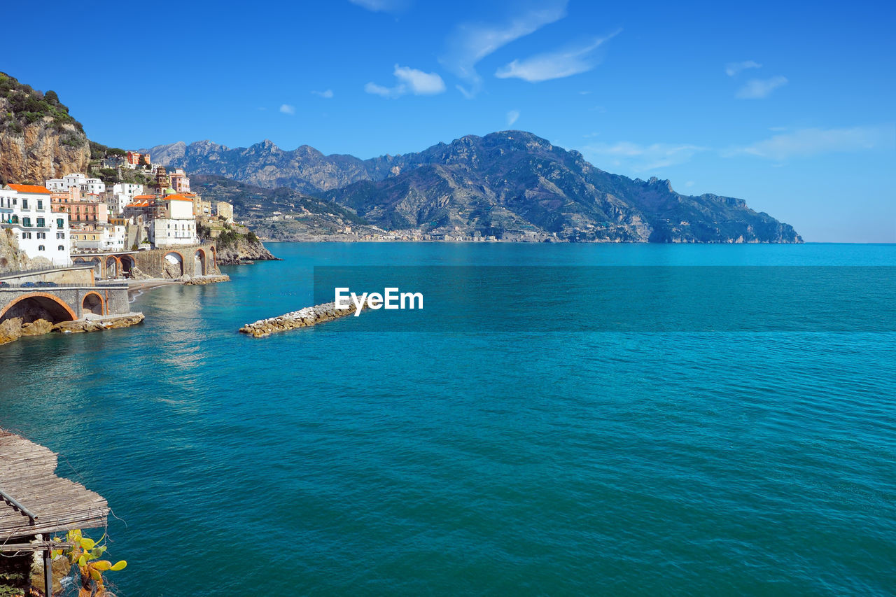 Scenic view of sea and bay against sky