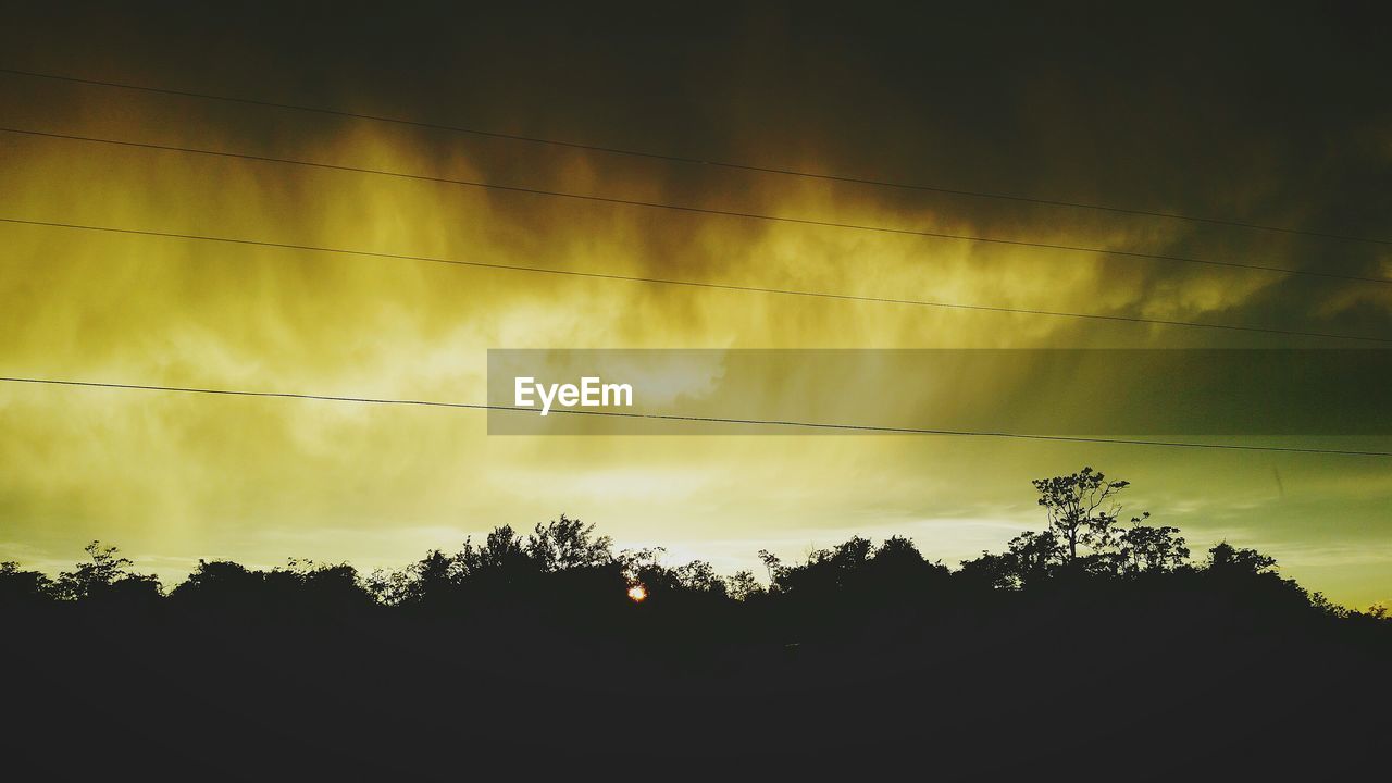 Silhouette trees against yellow cloudy sky