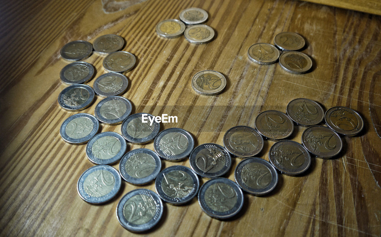 High angle view of two euro cents on table