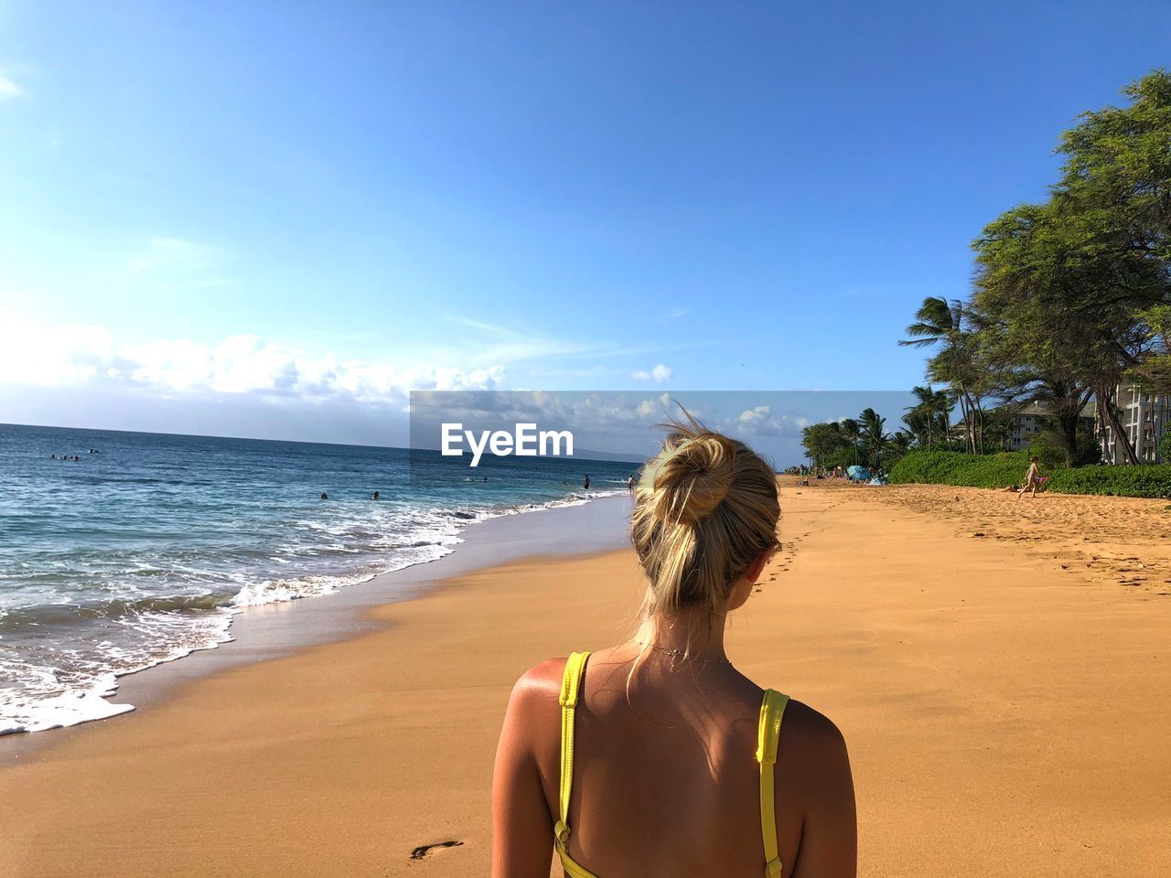 Rear view of woman on beach against sky in hawaii