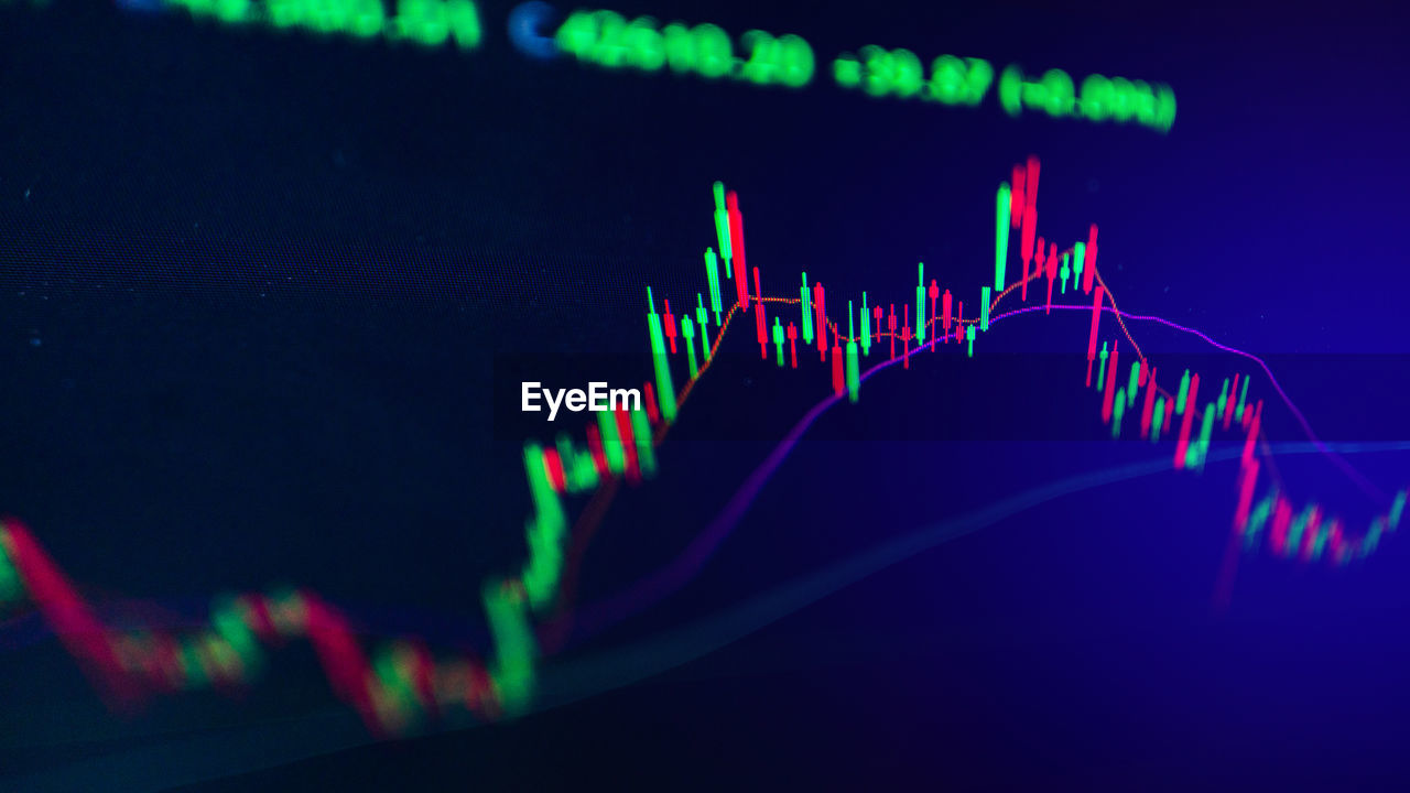 Market volatility of crypto with technical price graph and indicator, red and green candlesticks