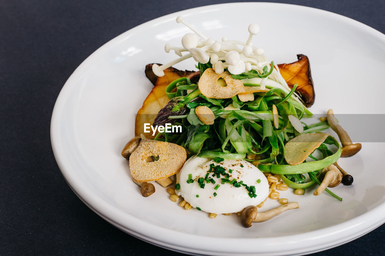 High angle view of food in plate on table