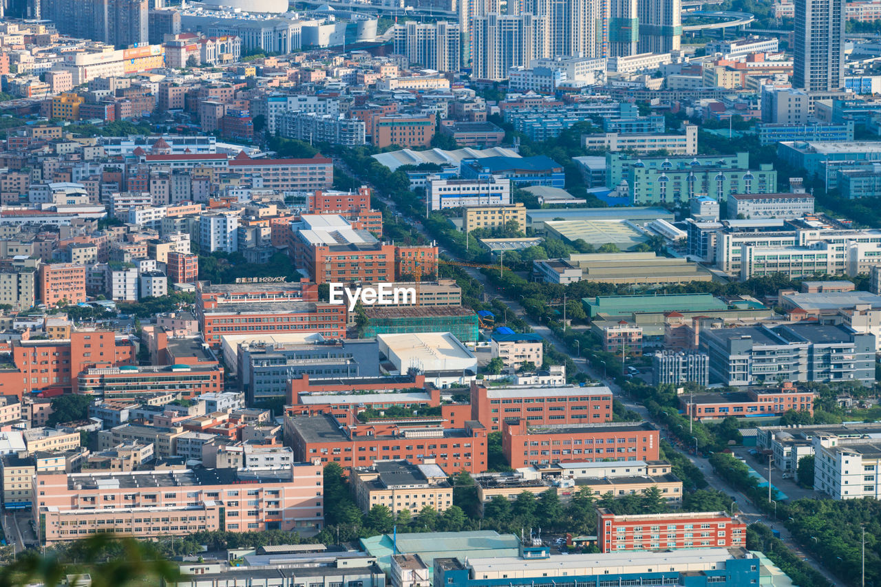 High angle view of buildings in city