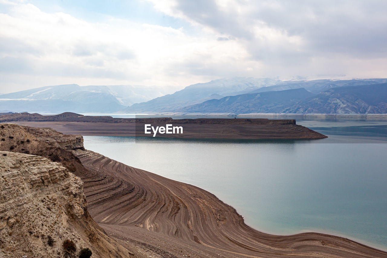 scenic view of lake and mountains against sky