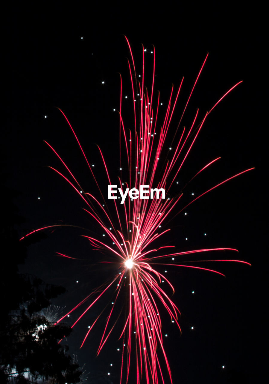 Low angle view of firework display at night