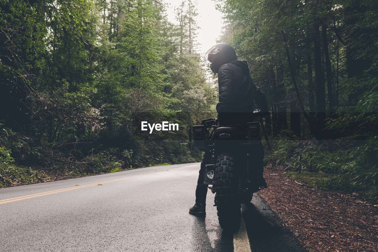 Man riding motorcycle on road amidst trees