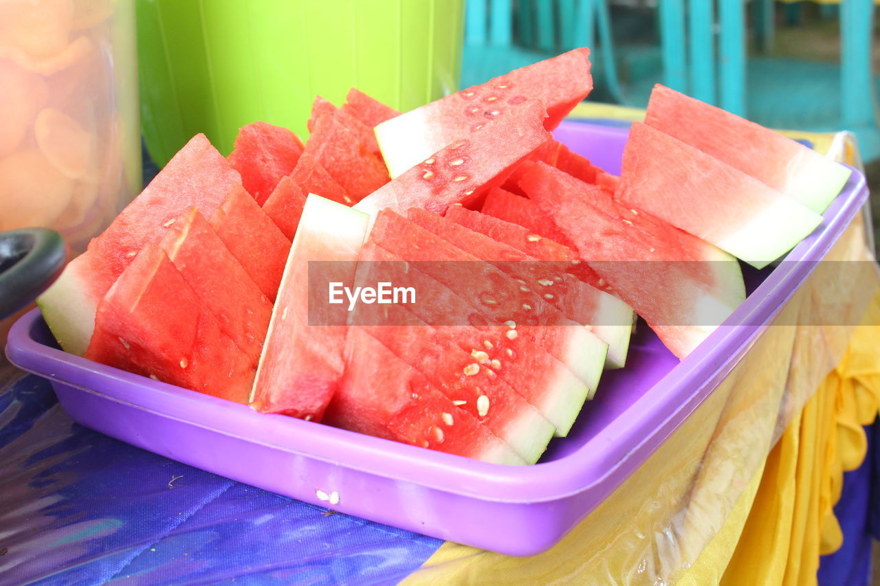 High angle view of fruits in container