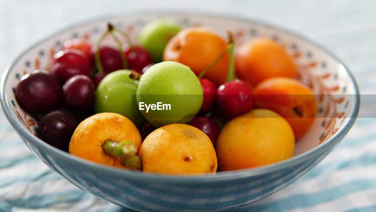 High angle view of fruits in bowl on table