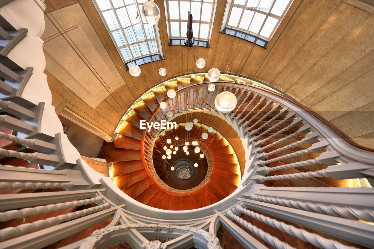 High angle view of empty spiral staircase