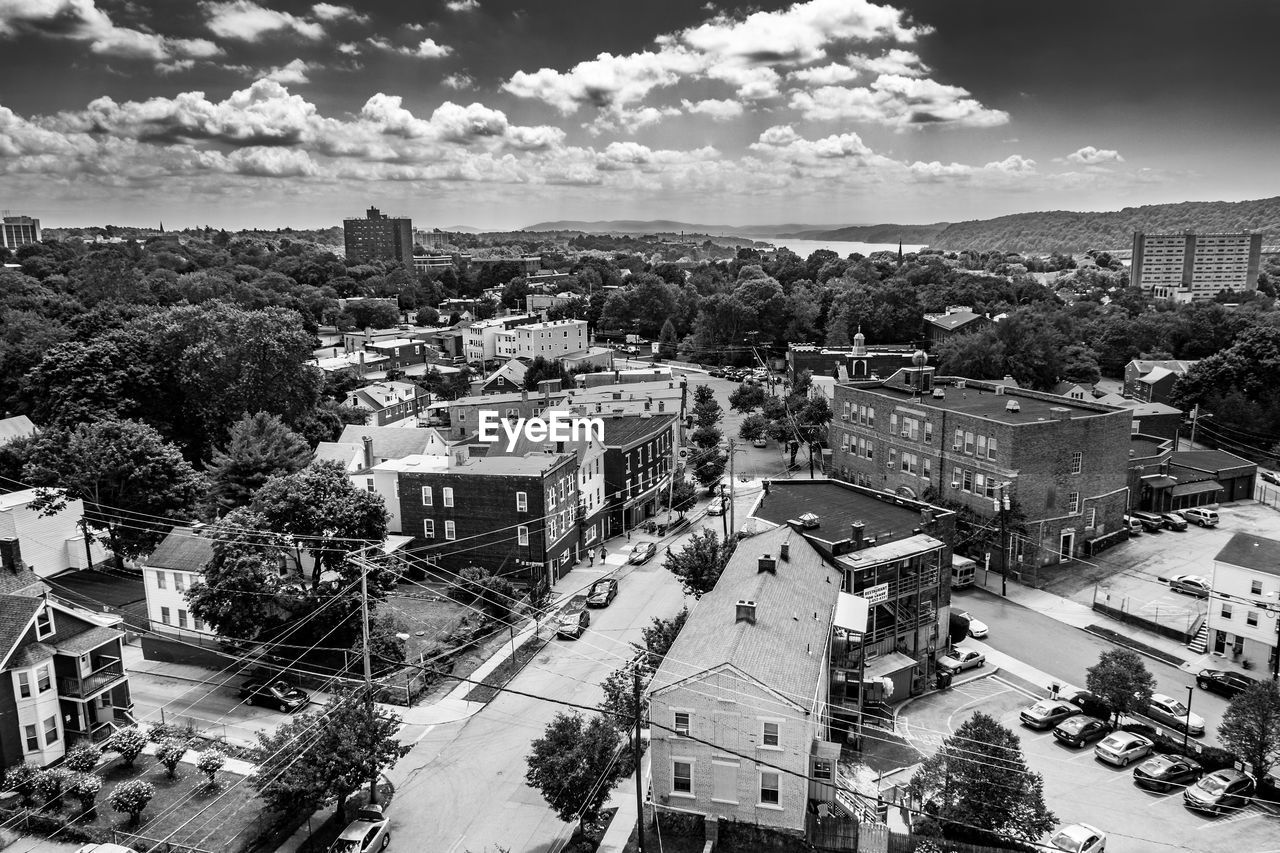 High angle view of town against sky