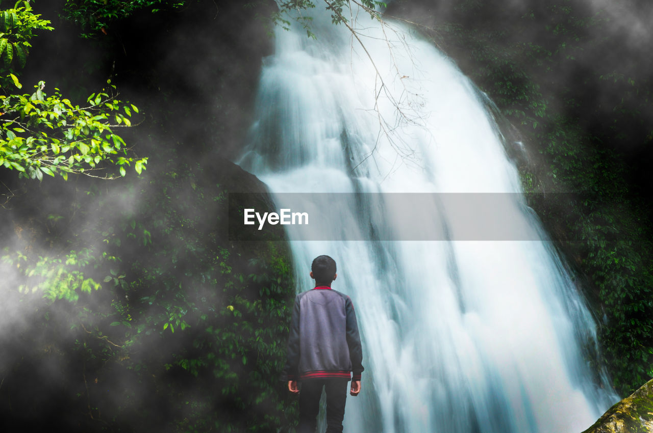 Rear view of young man looking at waterfall in forest