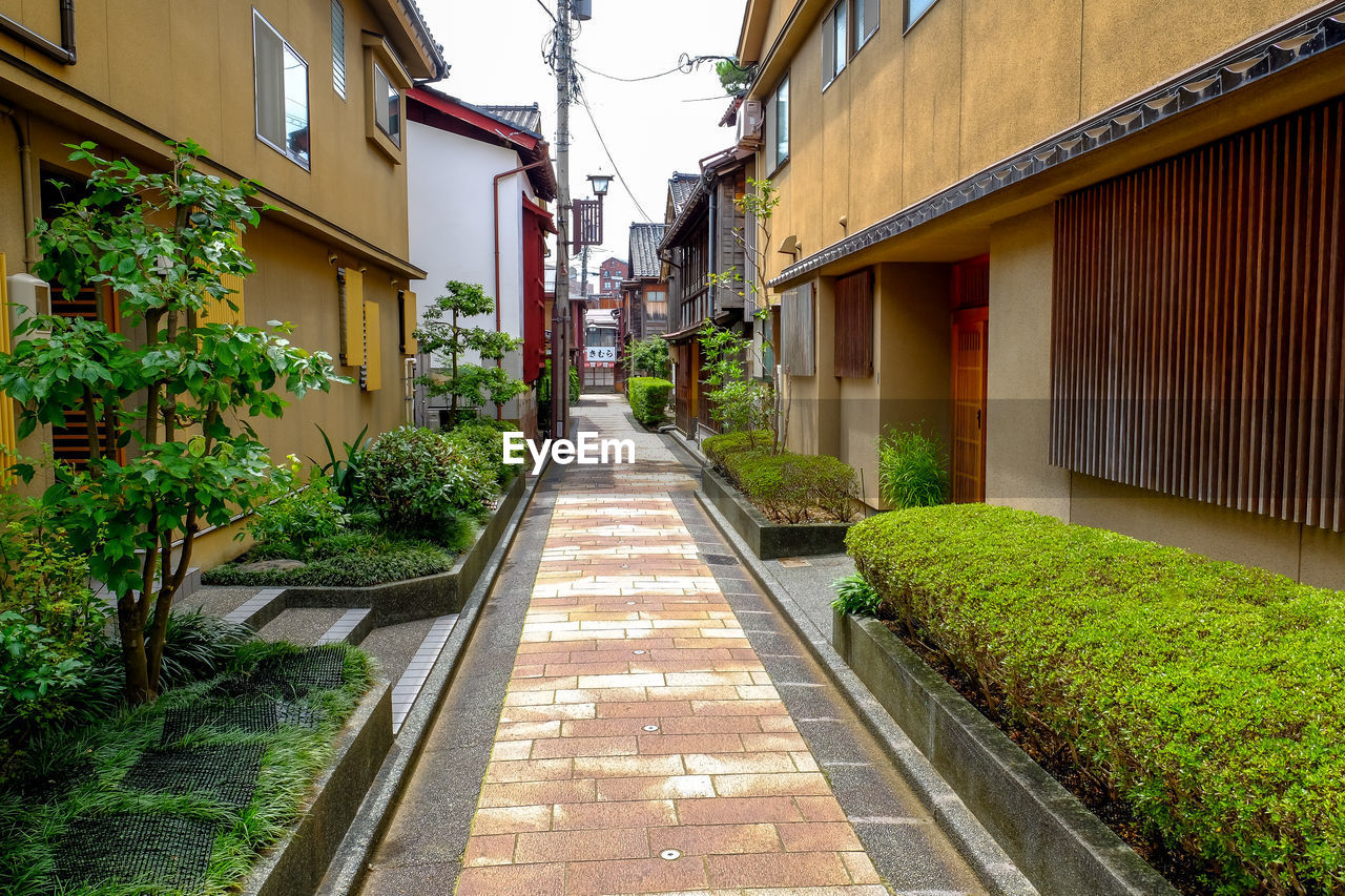 Narrow alley amidst houses and buildings in city