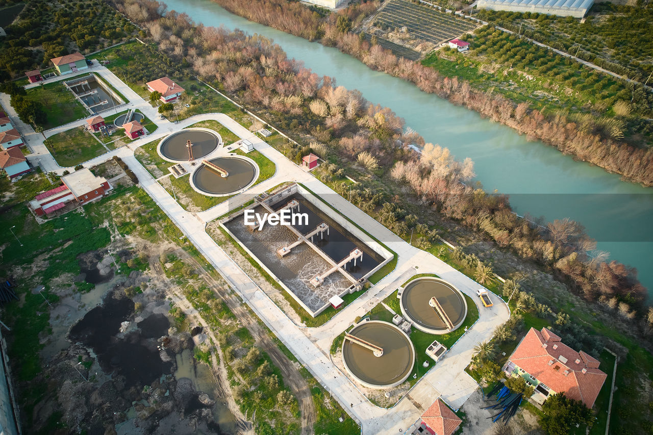 Sewage water treatment plant. water purification plant top down aerial view