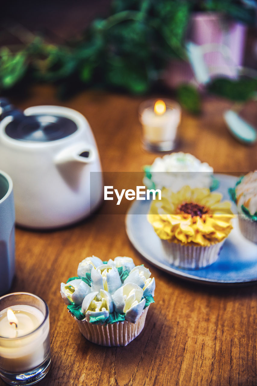 high angle view of dessert on table