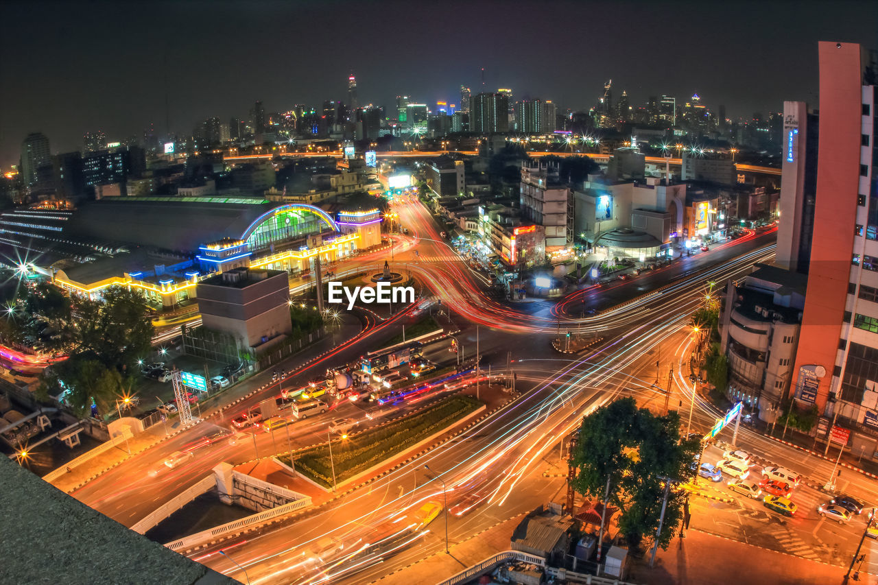 High angle view of illuminated cityscape at night