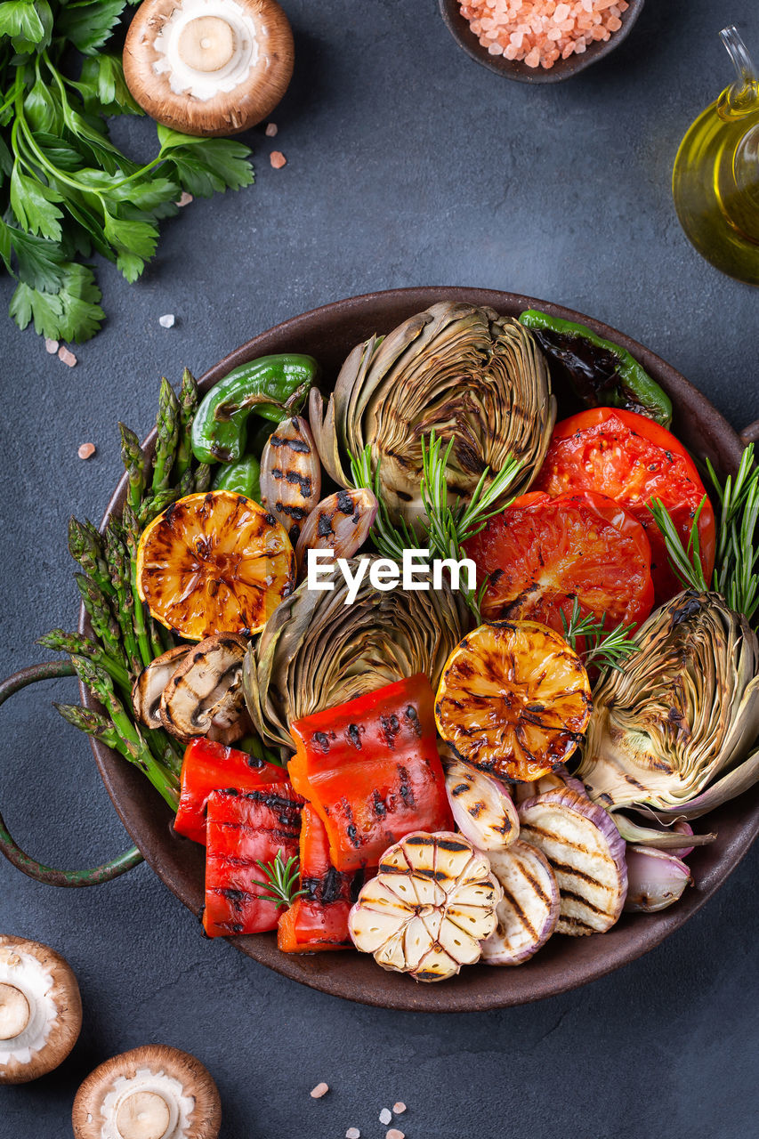 Vegan, vegetarian, seasonal, summer eating concept. grilled vegetables in a pan. top view flat lay