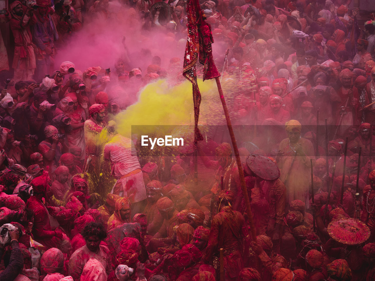 High angle view of crowd enjoying holi festival