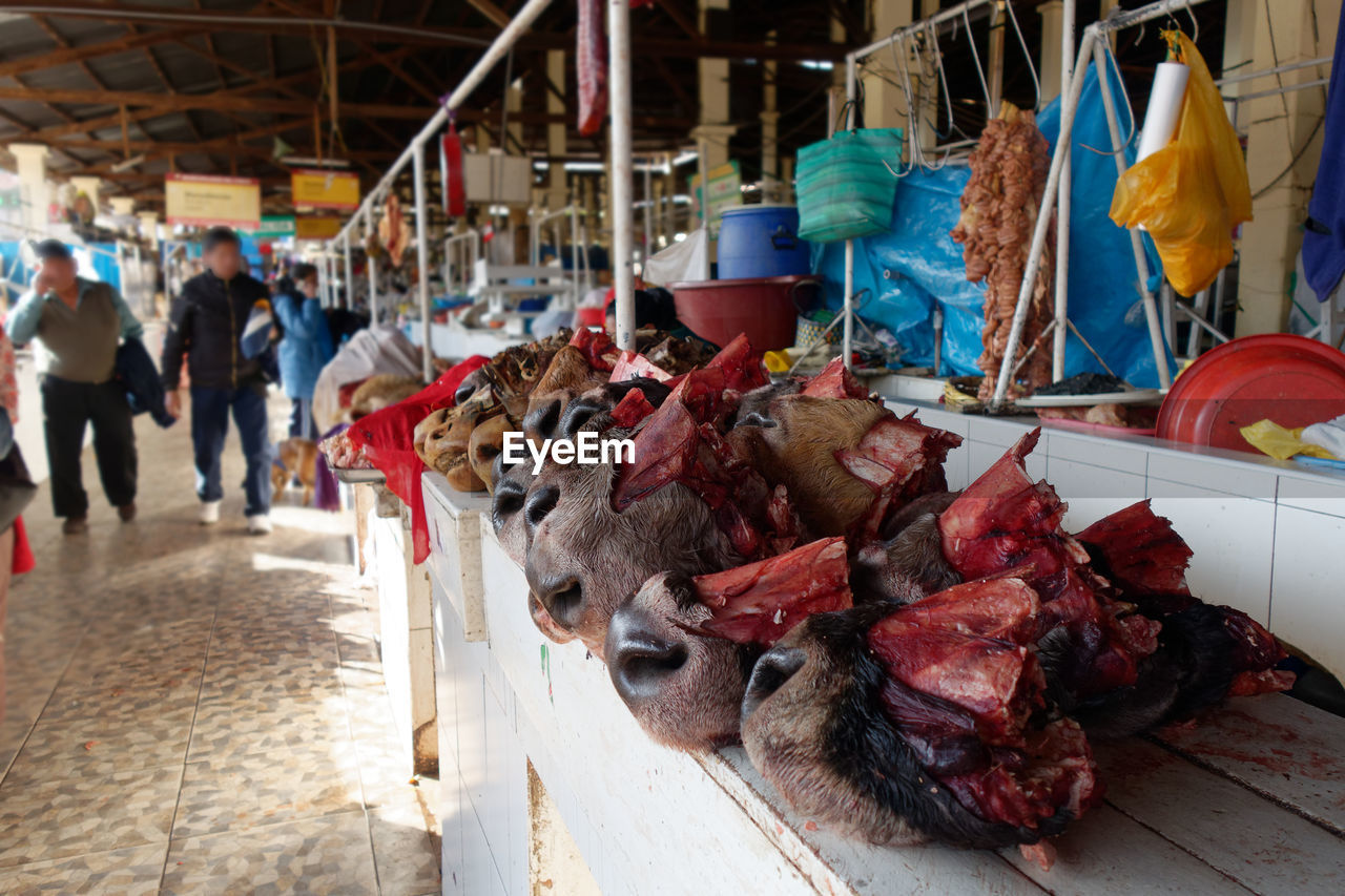 Market in peru with cow parts