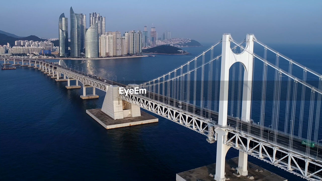 View of suspension bridge in city