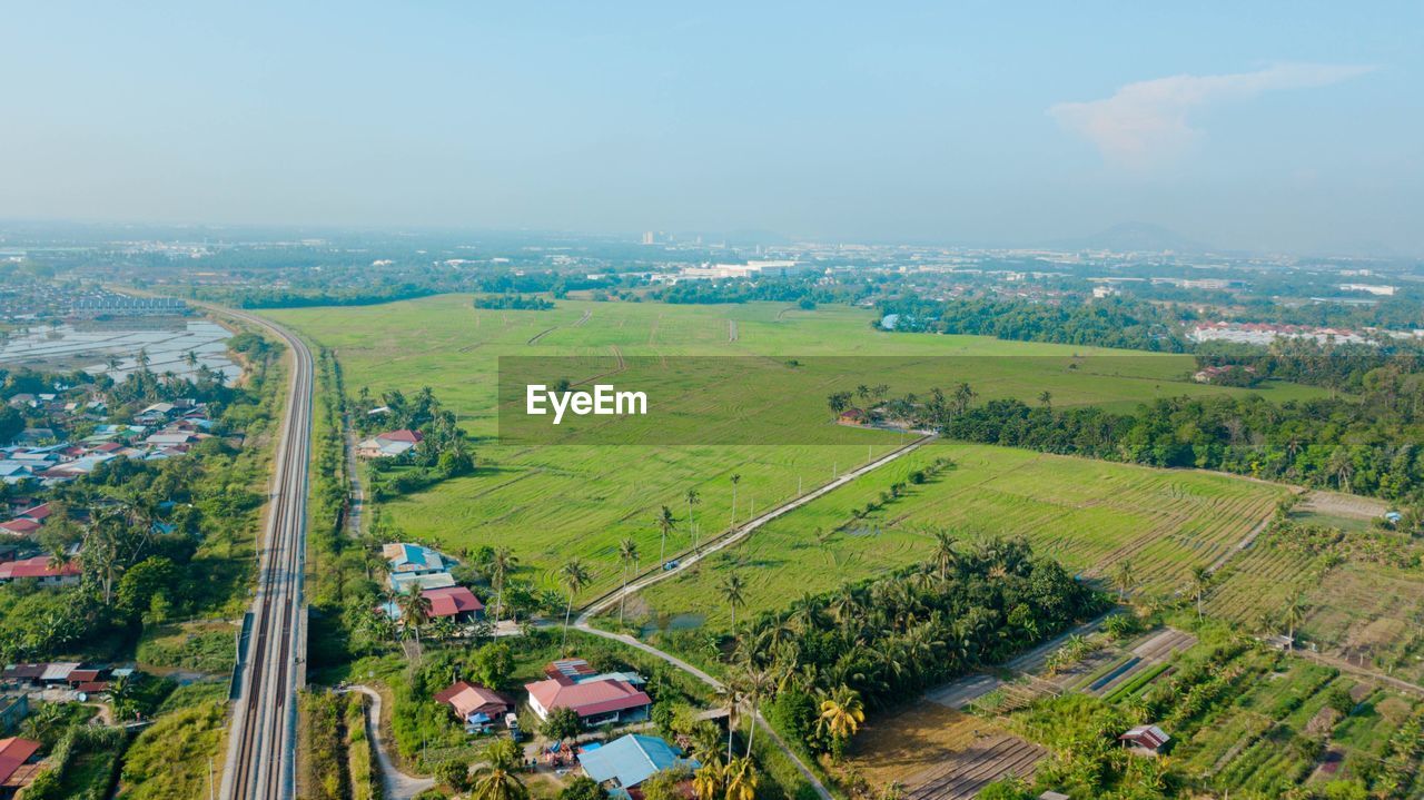 High angle view of agricultural field against sky