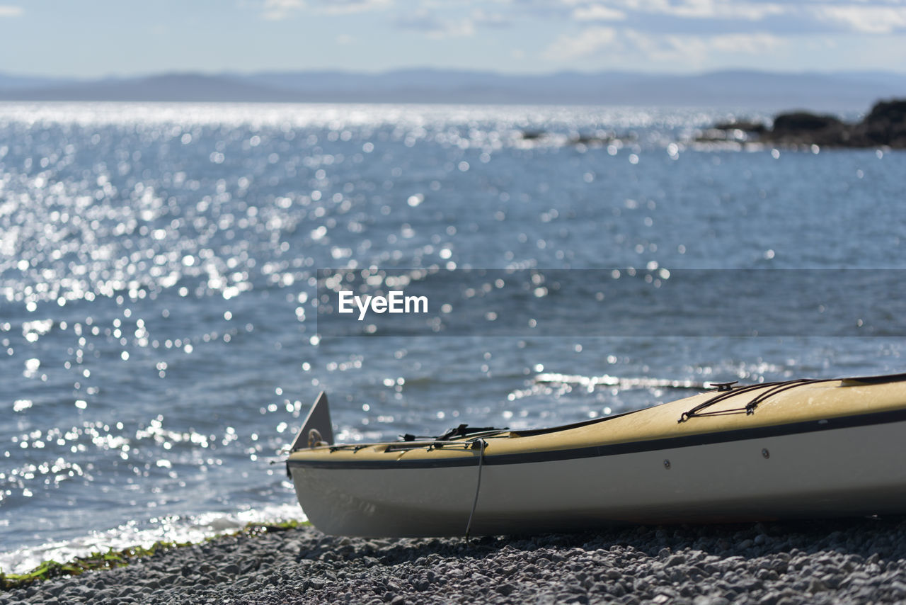 BOAT MOORED ON BEACH AGAINST SKY