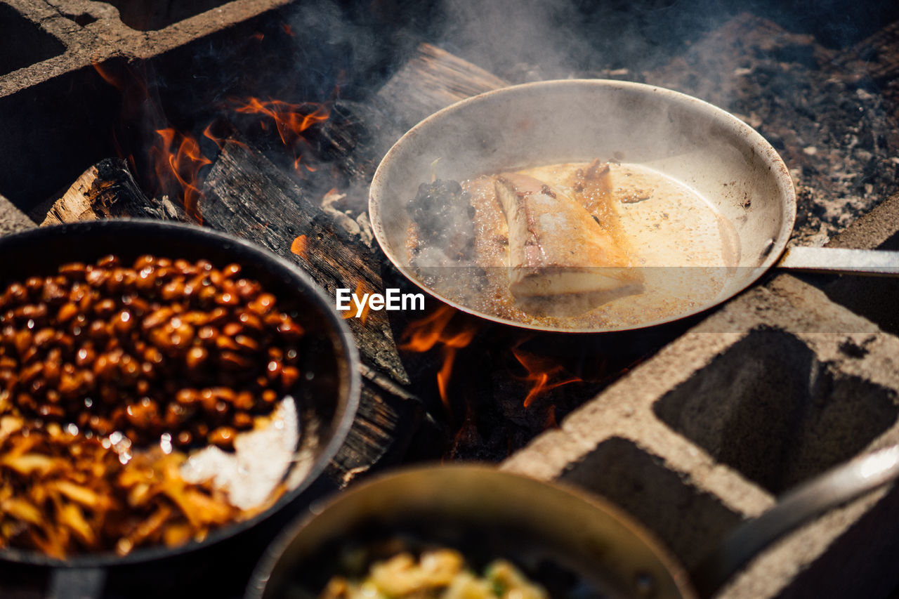 High angle view of food on barbecue grill