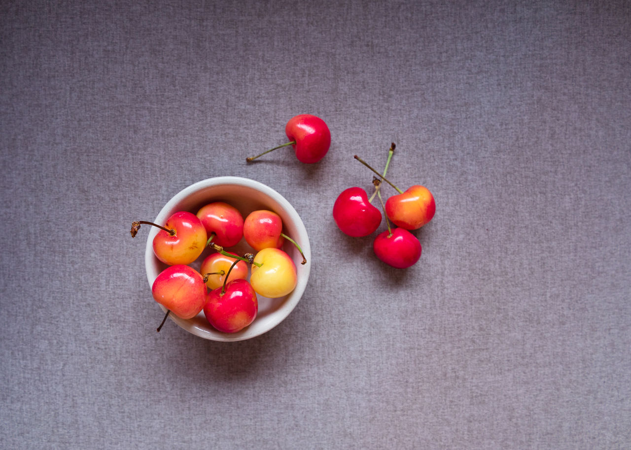 HIGH ANGLE VIEW OF CHERRIES IN BOWL AGAINST WHITE BACKGROUND
