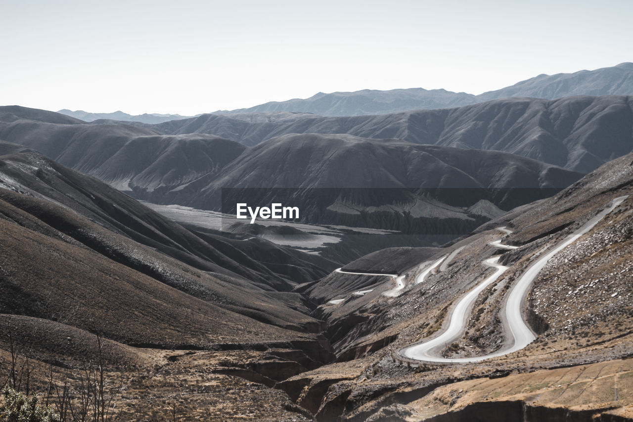 Panoramic view of mountains against clear sky