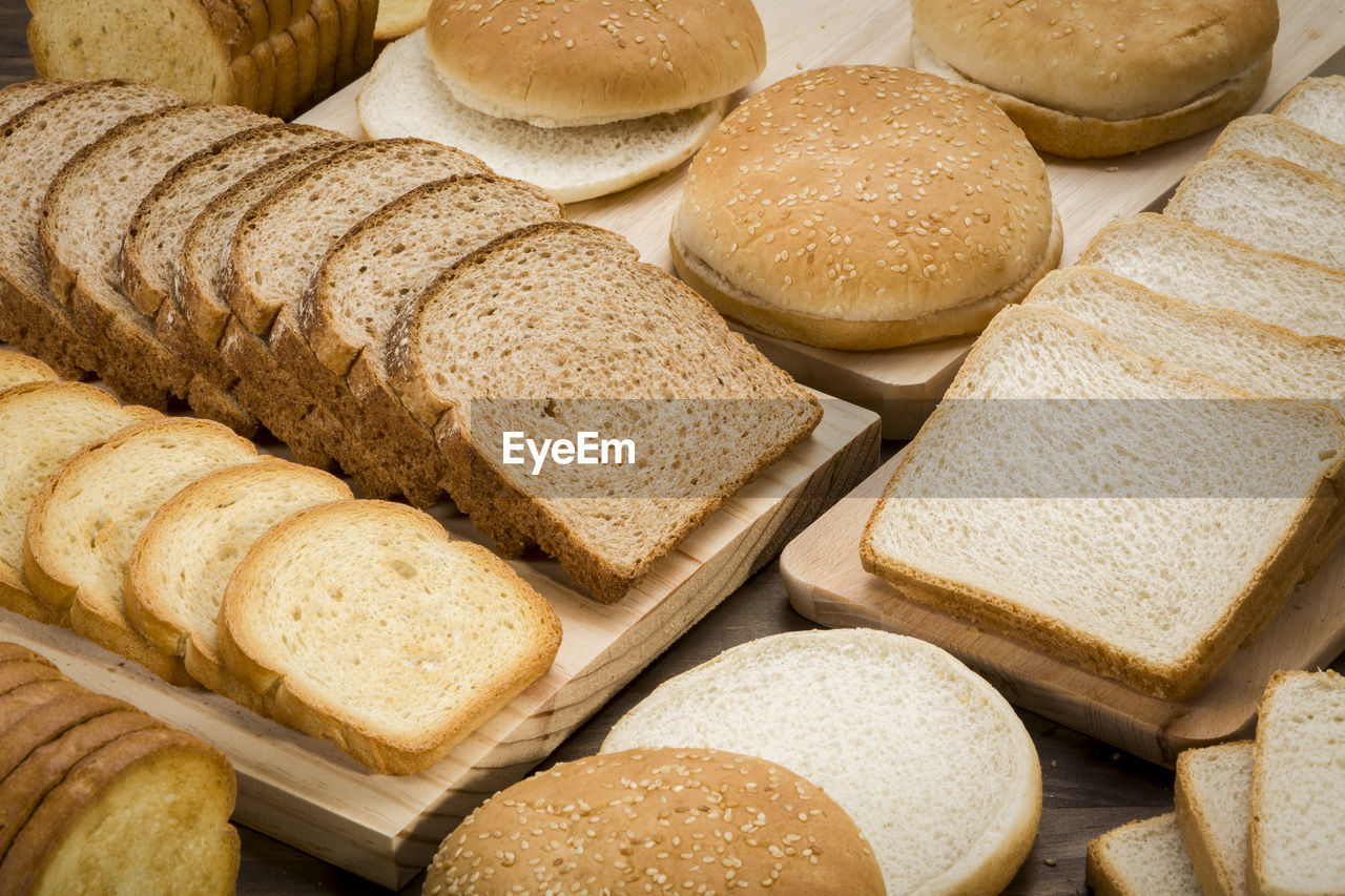 High angle view of various breads for sale at market