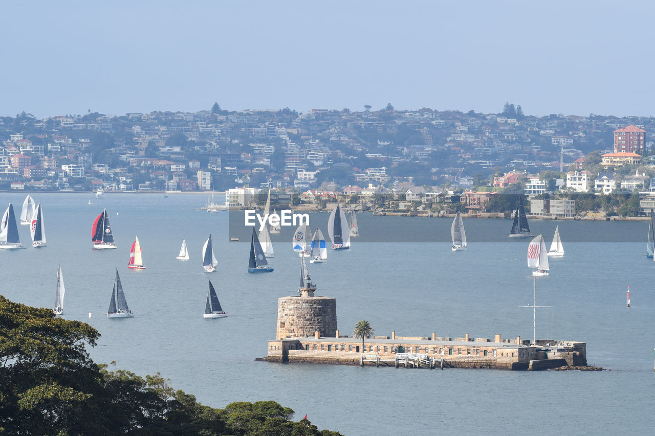 SAILBOATS IN SEA AGAINST CLEAR SKY