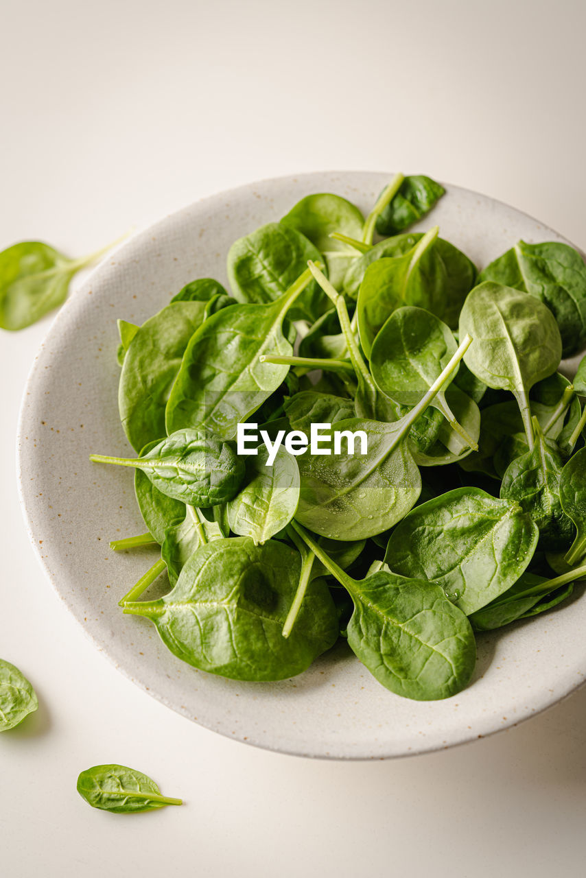 close-up of salad in plate on white background